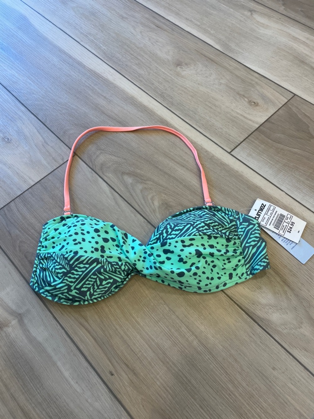 New Mint Green Animal Print Bikini Top with Pink Strap